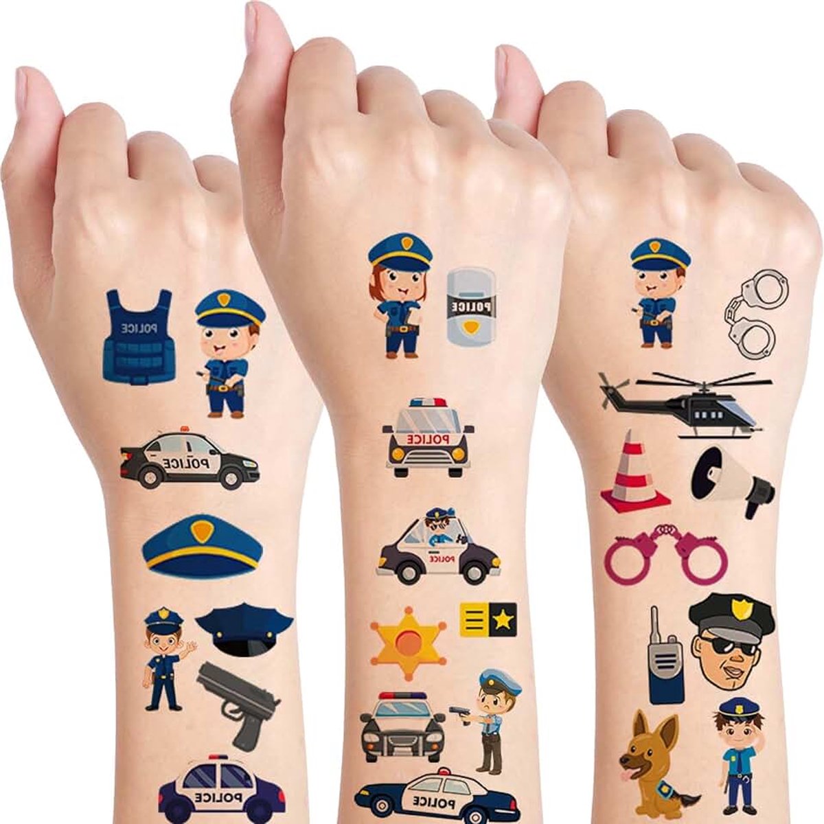 Tijdelijke tatoeages, thema verjaardagsfeestje decoraties gunsten benodigdheden voor jongens en meisjes, schattige officier politieagent stickers perfect voor klasprijzen