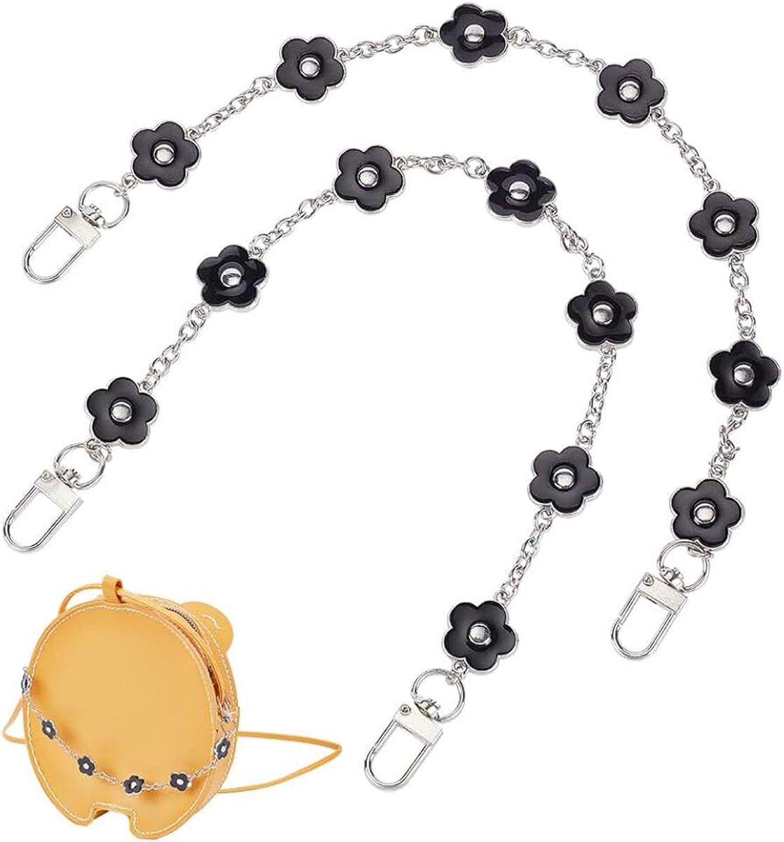Portemonnee Extender, 2 stks 14 Inch Decoratieve Tas Strap Zilver Legering Tas Ketting Band Met Zwart Emaille Bloem Vervanging Accessoire Tas Kettingriemen Charms voor Vrouwen Crossbody Schoudertas
