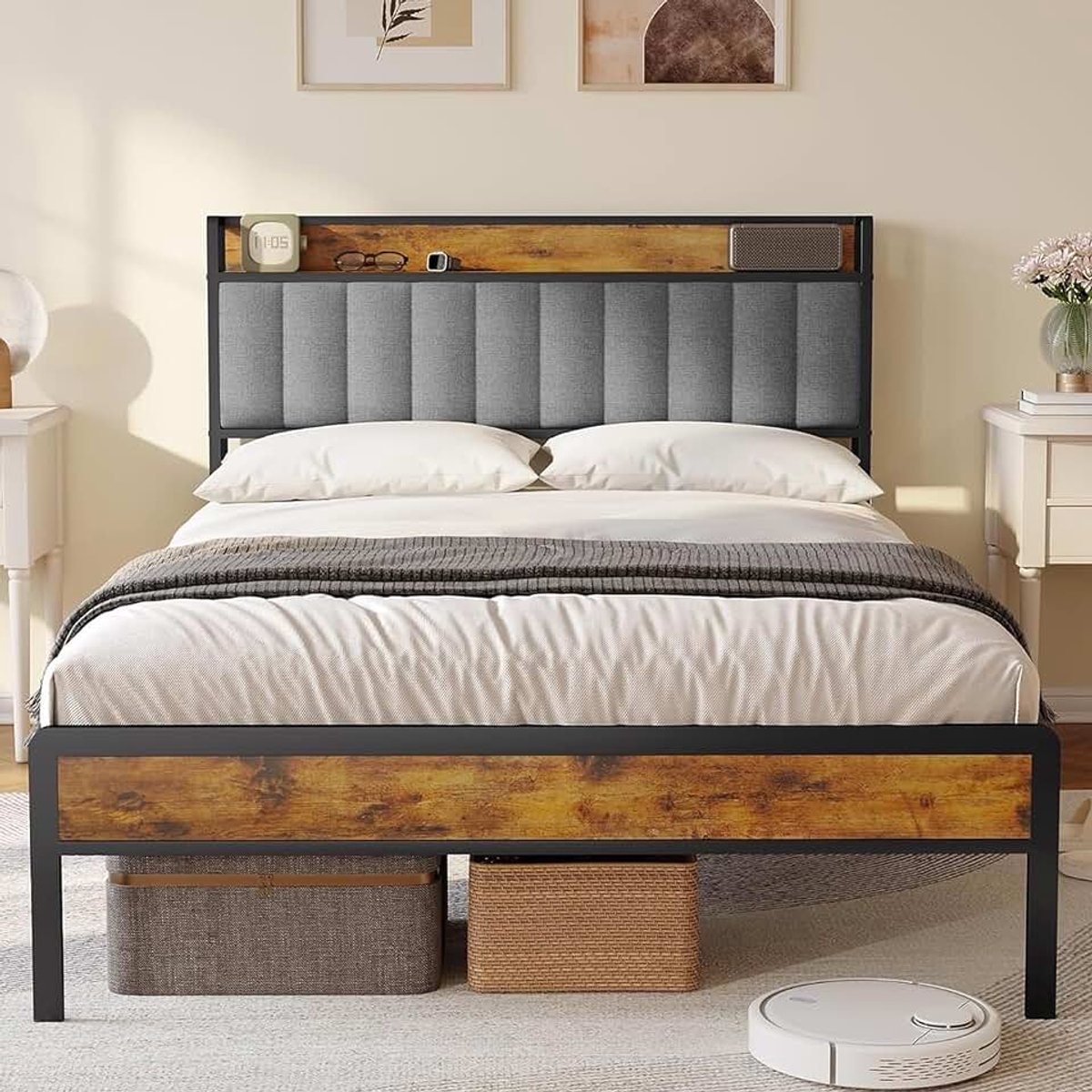 Gestoffeerd bed, houten bed met metalen bedframe, gestoffeerd platform, tweepersoonsbed met houten lattenbodem, steunhoofdeinde, bedframe (grijs, 140 x 200 cm)