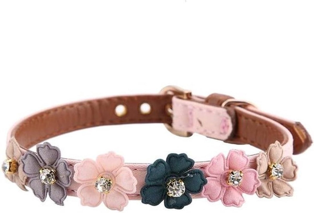 - Hondenhalsband met diamanten bloem - Verstelbare - Pu-lederen halsband voor puppy - Sieradenaccessoires - Geschikt voor alle hondenrassen - Roze (1,3 * 34 cm)