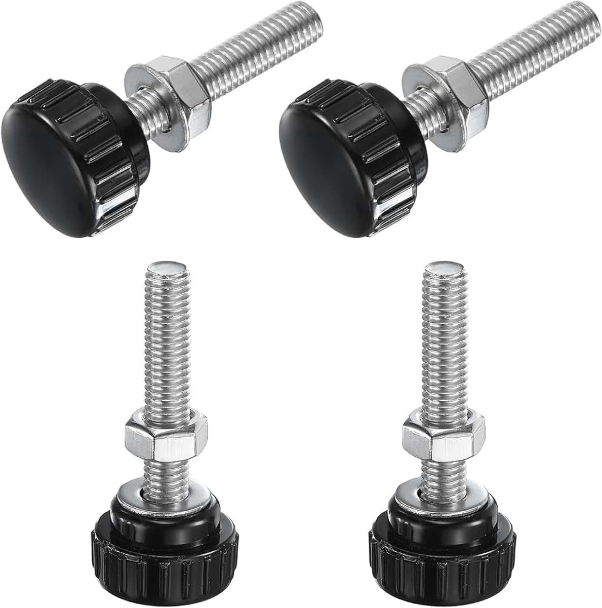 Set van 4 gekartelde knoppen, kartelschroeven, schroeven met moeren, sluitringen, metrisch M8 x 45 mm, schroefdraad 25 mm, kunststof kop, 304 roestvrij stalen stud-handknoppen