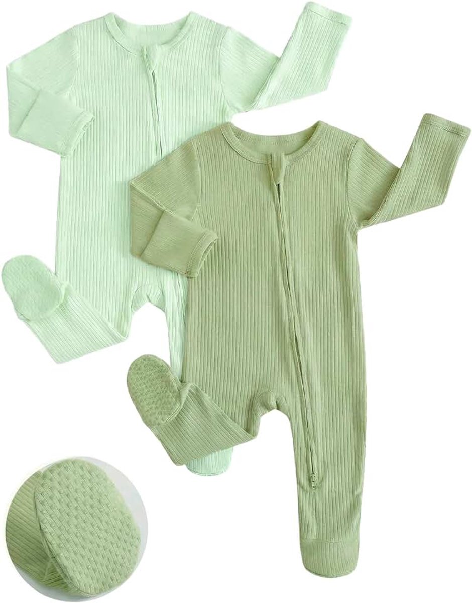 Babypyjama voor meisjes en jongens, 2 stuks, lange mouwen, 100% katoen, overall met babyvoetjes, pasgeborenen, kleding 0-12 maanden