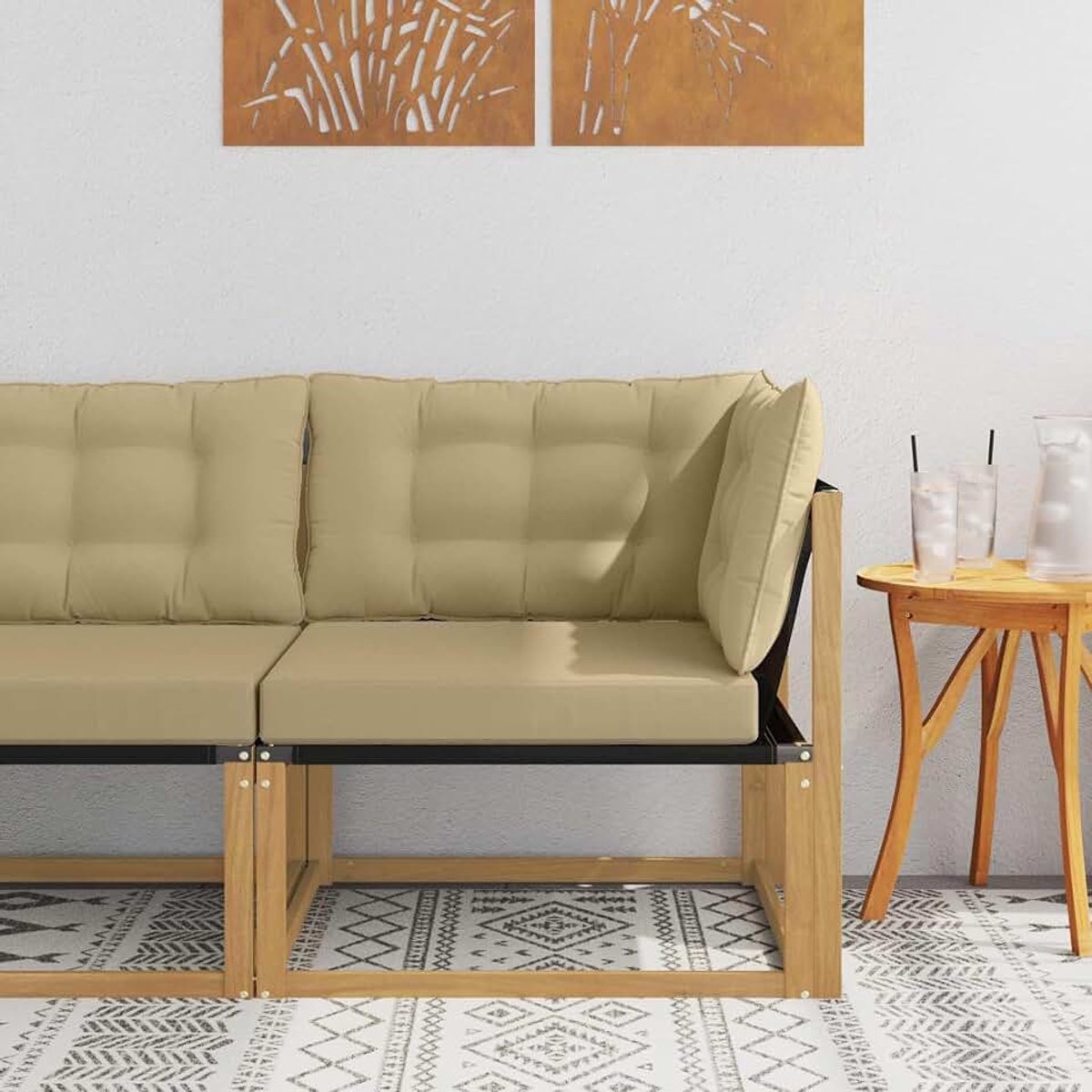 Outdoor hoekbank van massief acaciahout met textileen-bekleding, zachte polyester kussens en flexibel design voor terras, balkon of tuin