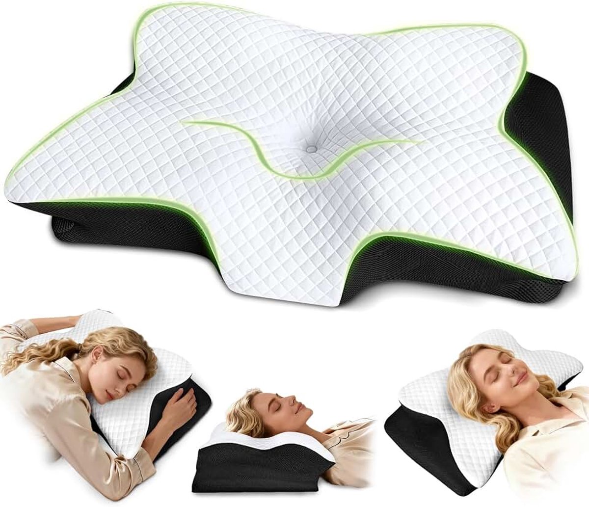 Hoofdkussen voor Nekpijn, Orthopedisch Kussen van Memory Foam, Ergonomisch Kussen voor Zij-, Rug- en Buikslapers, 61,7x37x13/13,6cm, Zwart