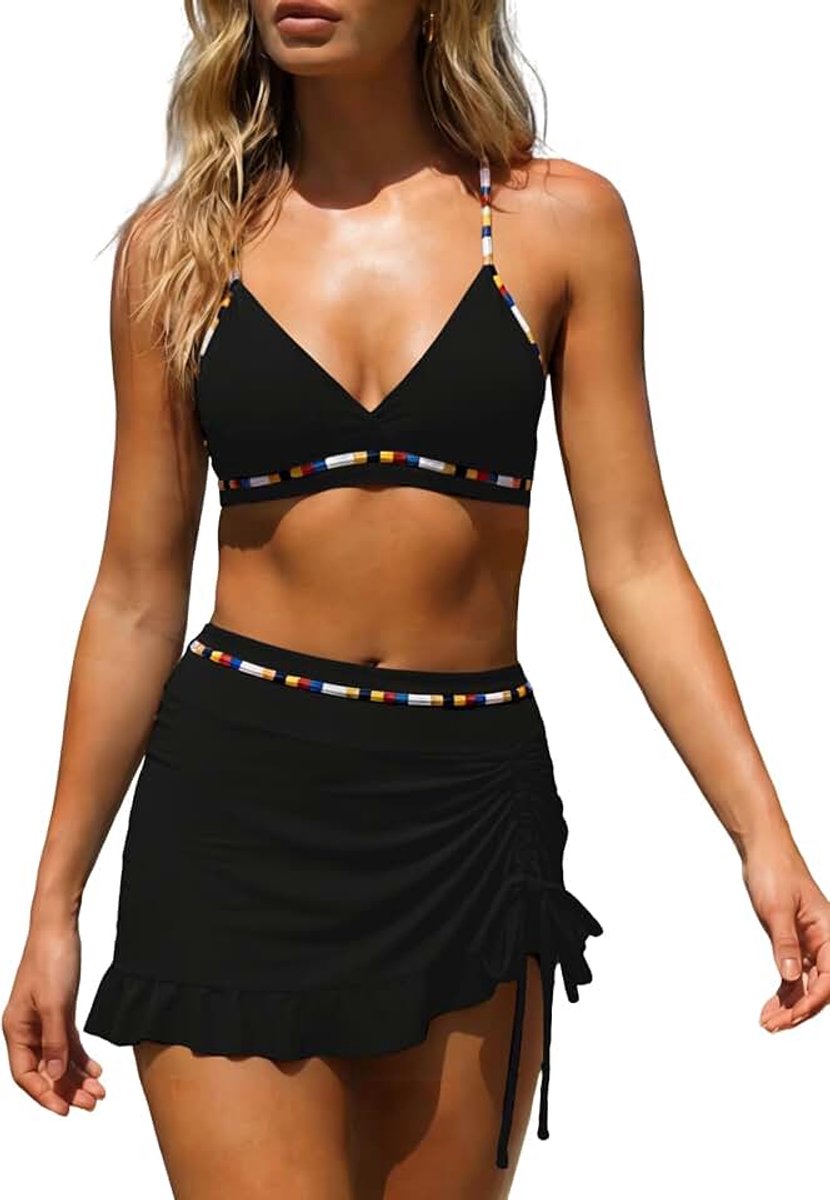 Bikini badpak set sexy V-hals badmode | hoge taille kleurblok tweedelig trekkoord badpakken bikinis voor vrouwen