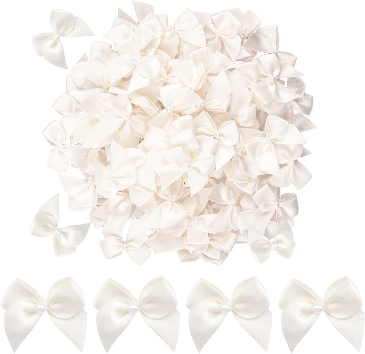 Decoratieve polyester strik met parel, 100 stuks wit mini satijnen lint strik twist strikken premade strikken voor bruiloft gunsten decor cadeauverpakking DIY Craft