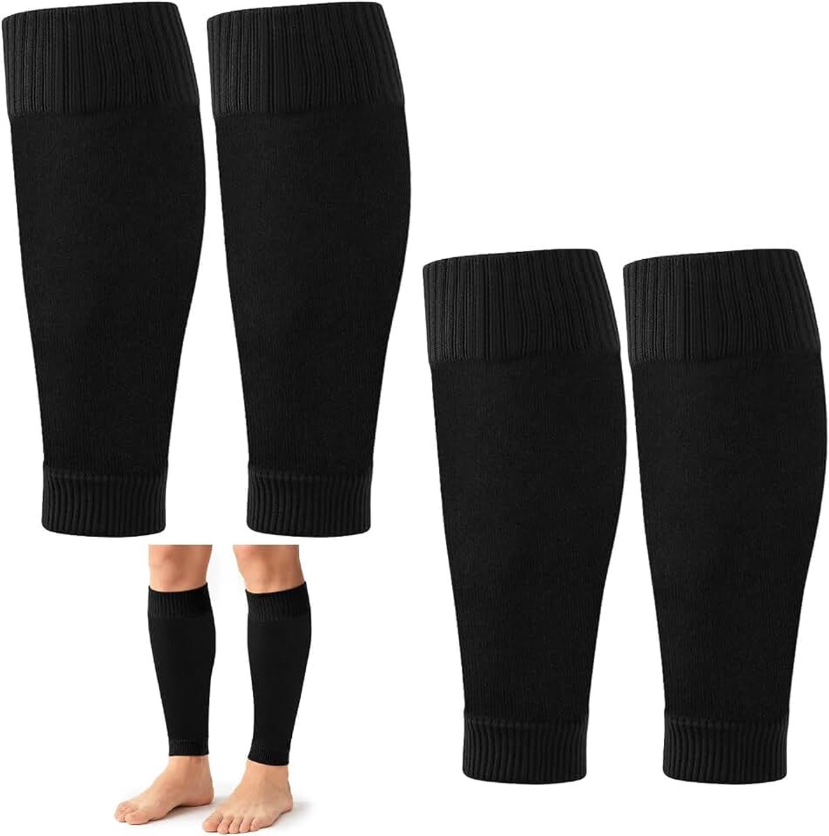 2 Paar Voetbal Sok Mouwen, Voetloze Voetbalsokken, Comfortabele Scheenbeschermer Mouwen voor Heren Dames Volwassenen, Zwart