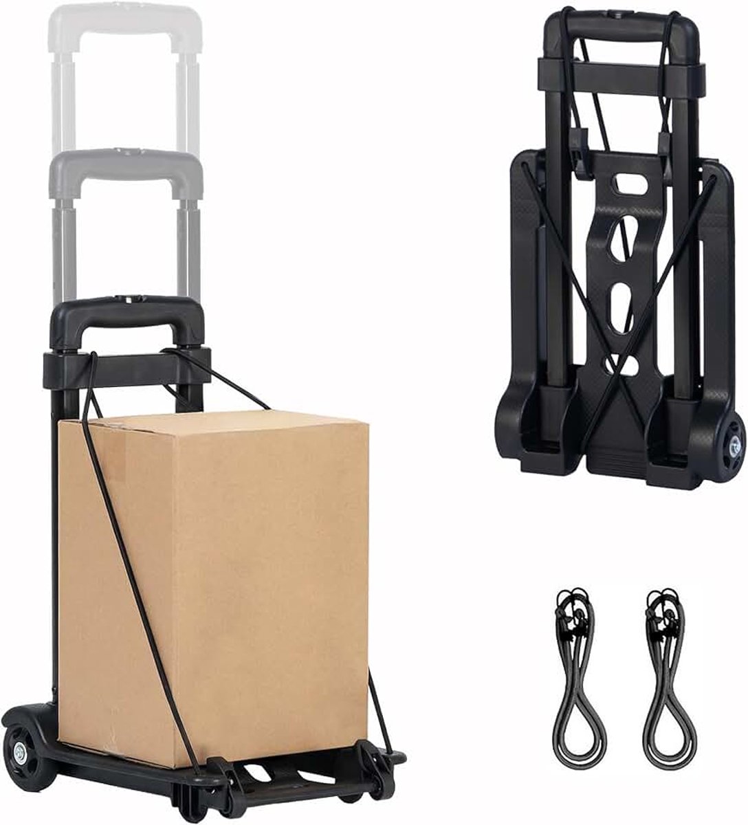 - Opvouwbare steekwagen met trekontlasting 30 kg – compact en inklapbaar, 2 rubberen wielen 7,5 cm, inclusief rubberen touwen, ideaal voor pakketten, rugzakken en lange voorwerpen