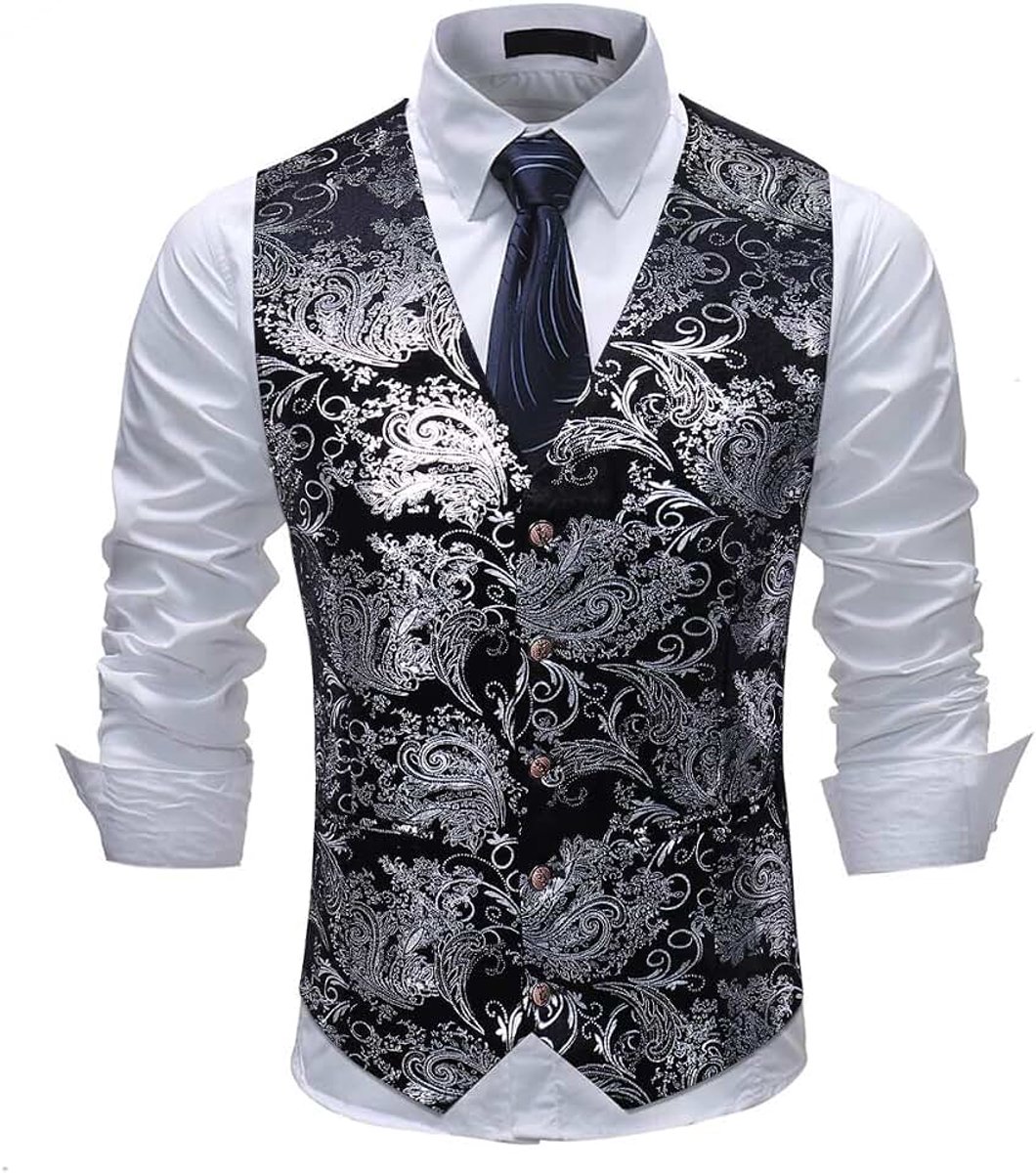 Paisley Jacquard Pak met Vest, Vest met enkele knopenrij, Jurk Vest Slim Fit, Button Down, Prom Formeel Pak, Vest, Vesten