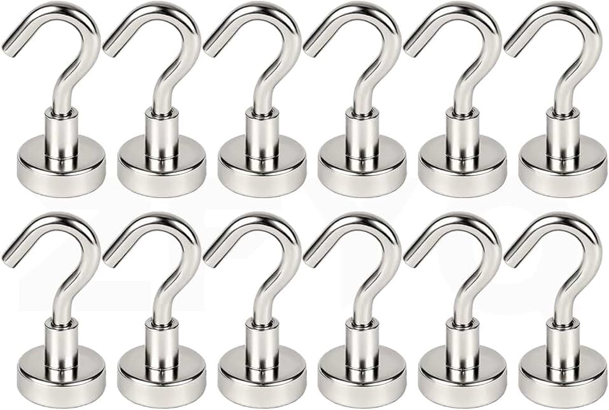 Magneethaken, 12 stuks, 16 mm, 5,5 kg, Krachtige Neodymium-magneet, voor Koelkasten, Keuken, Berging, Caravan, Schip.