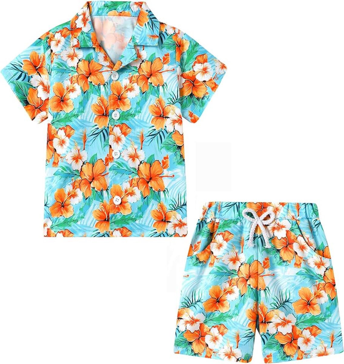 Hawaï-set voor jongens, 2-delige set hemd + shorts, strandhemd met knopen + shorts voor kinderen van 4-10 jaar