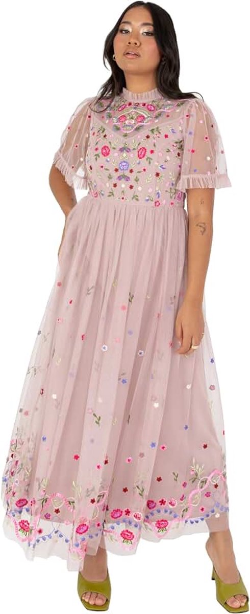 Deluxe Midaxi Damesjurk met korte mouwen, ruches, hoge hals, geborduurd, A-lijn, voor bruiloft, gasten, gelegenheid, bal, gown jurk