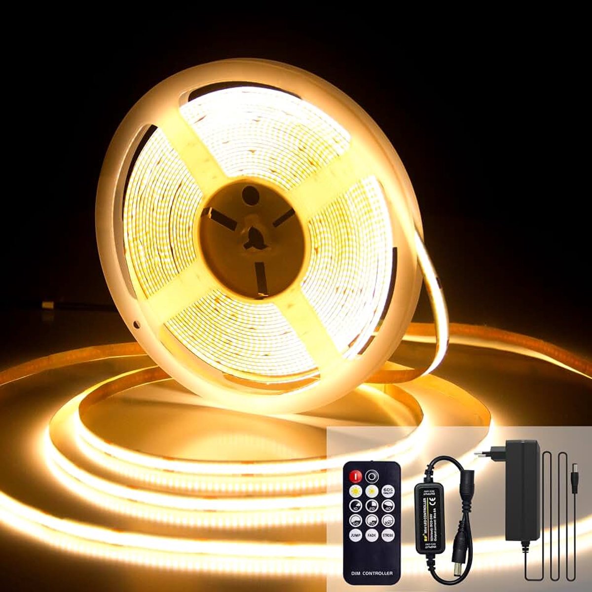 LED Strip, 24V dimbare LED-tape, CRI92, 8 mm breed, met afstandsbediening en voeding, voor huisdecoratie, keuken, spiegels, 10 meter, warmwitte, 3000K