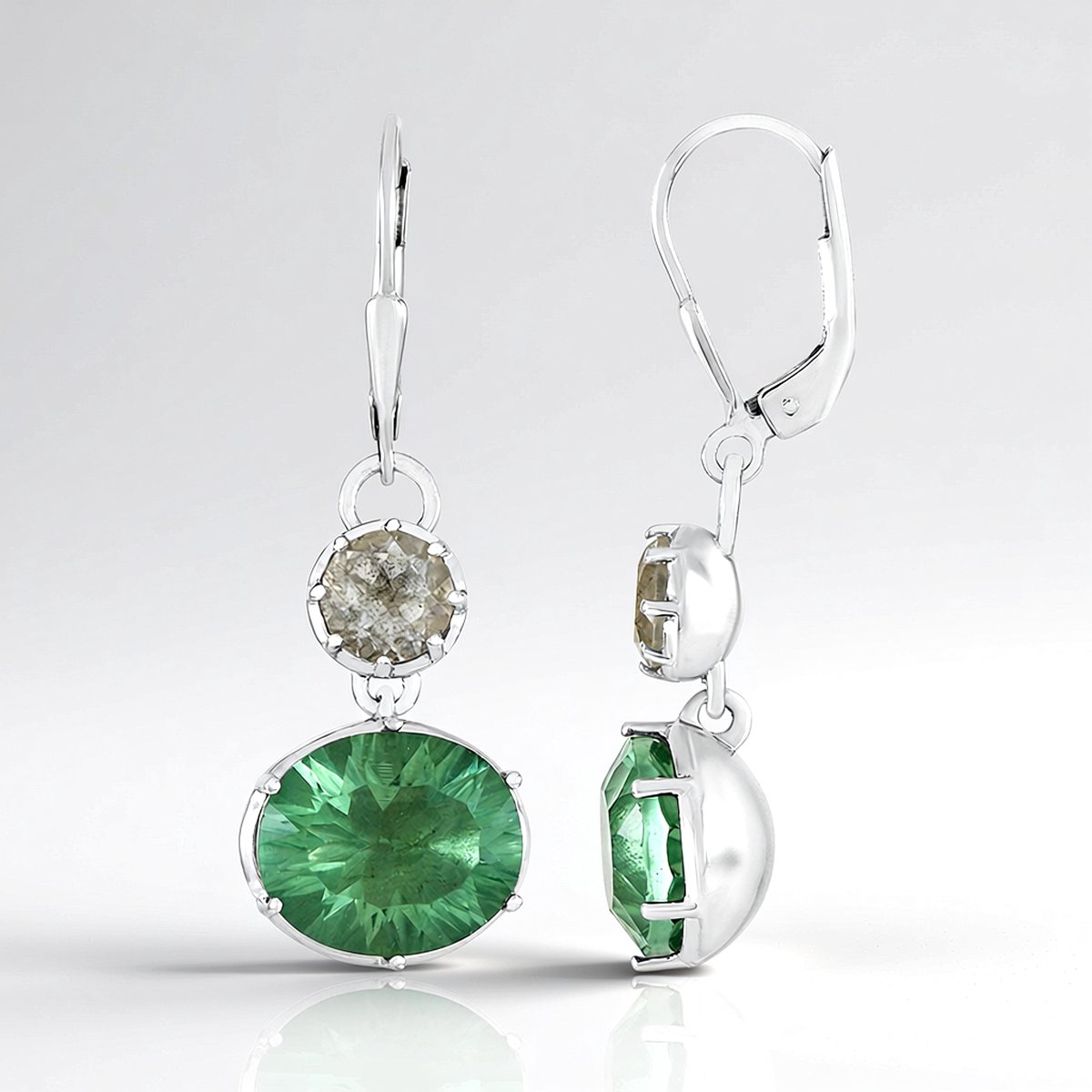 Cavill - Zilveren Oorbellen met 9,48 ct Groene Fluoriet en 1,72 ct Witte Topaas - 925 Sterlingzilver Gerhodineerd - Elegante Ovale Edelsteen Oorbellen