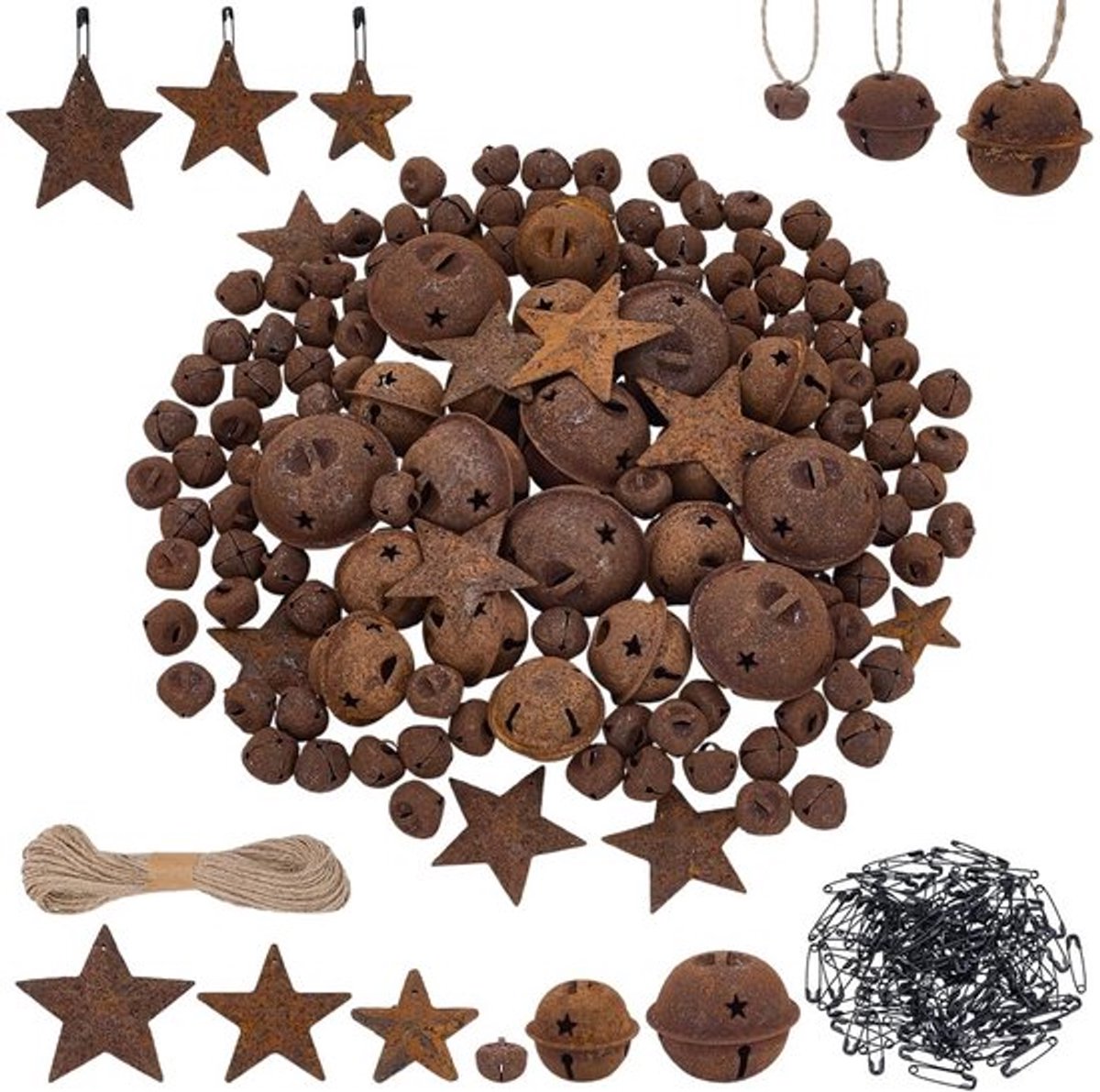 Kerstbel Set 140 Stuks - Roestige Klokken - Sterren - Veiligheidsspelden - Jute Koord 20m - Decoratieve Vakantiedecoratie - Kerstdecoratie