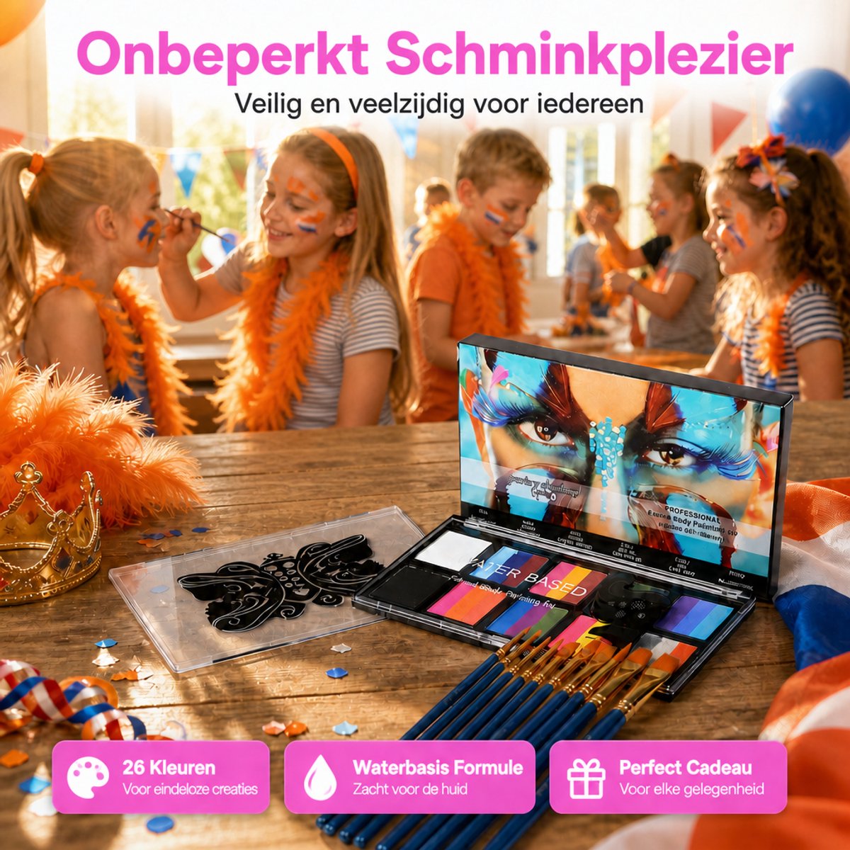 Professionele Kinderschmink Set - 26 Kleuren - Waterbasis - Incl. 10 Penselen & Sjablonen - Hét Ideale Koningsdag & Festival Cadeau - Veilig voor Kind & Volwassenen — afbeelding 8