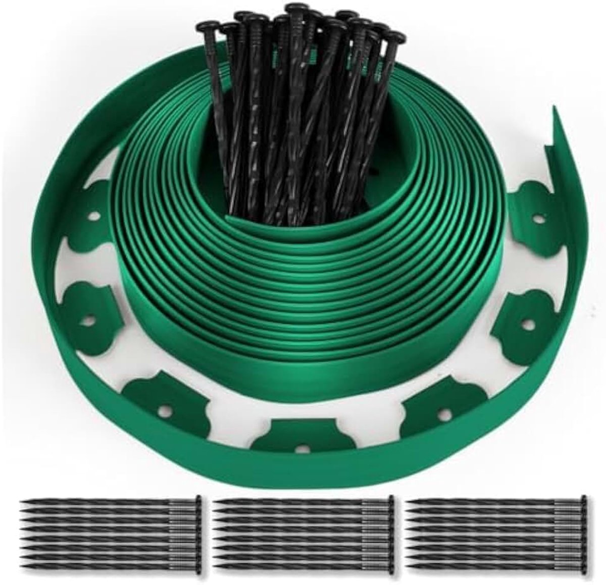 Tuinhek, kunststof, 10 m met 50 haringen, flexibele gazonrand, tuinidee voor straatstenen, hoogte 5 cm dikte 4 mm, groen