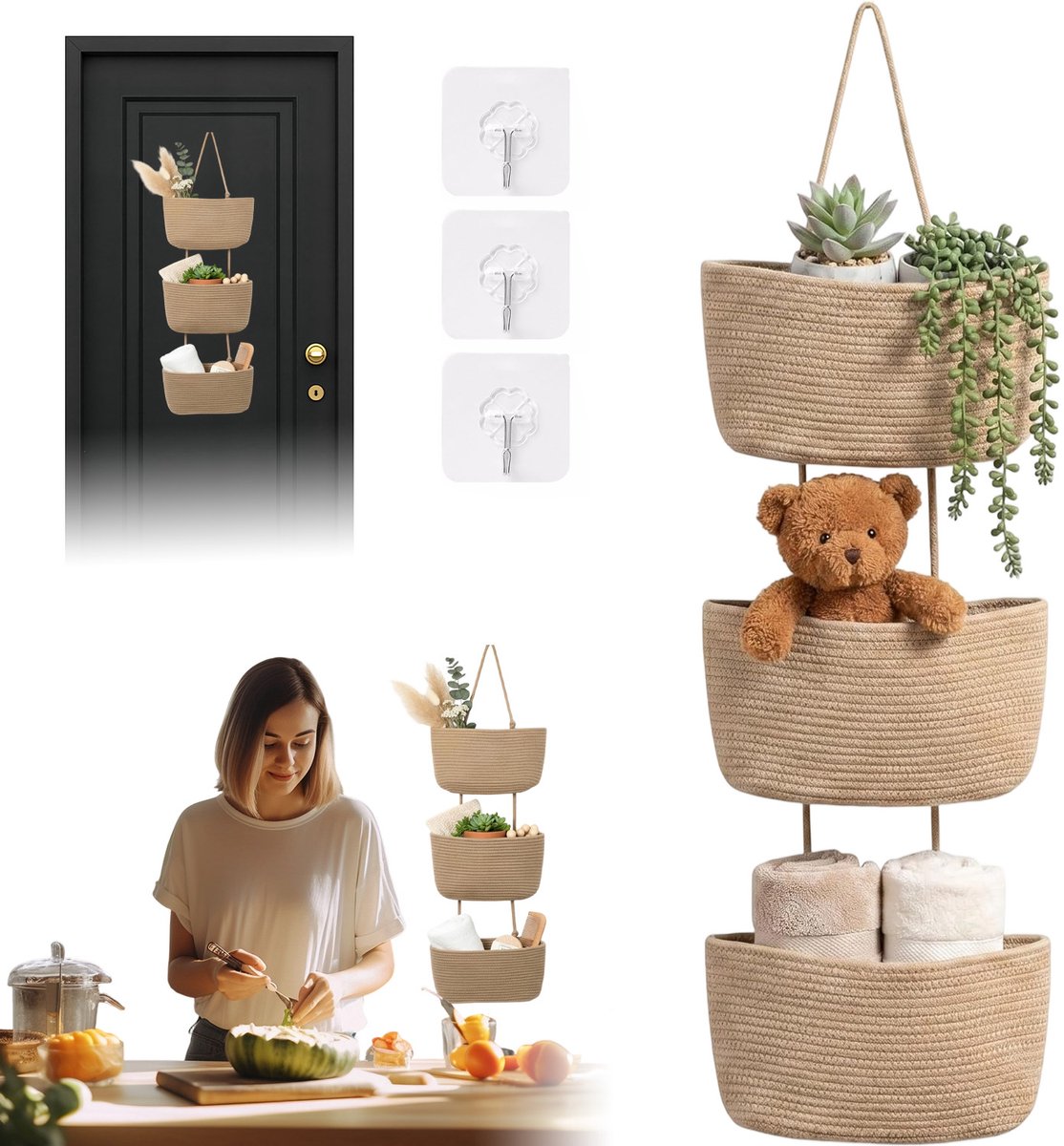 Katoenen Wandmand - Wandopbergmand - Textielmand - Boorloos & 3 Vakken - Dichtgeweven Touw & Vochtbestendig - Incl. Haken & Ruime Capaciteit - Voor Badkamer, Slaapkamer & Hal