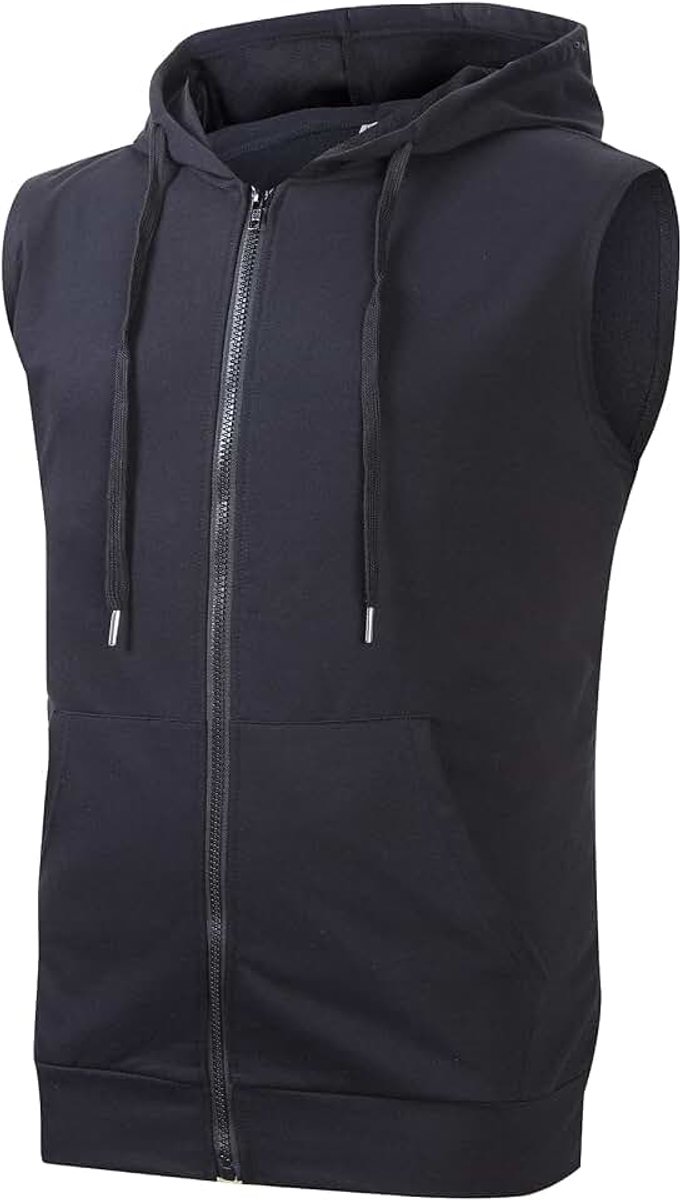 Sweatshirt voor heren met ritssluiting en capuchon, mouwloos, fitnessstudio, bodybuilding, vest met zakken