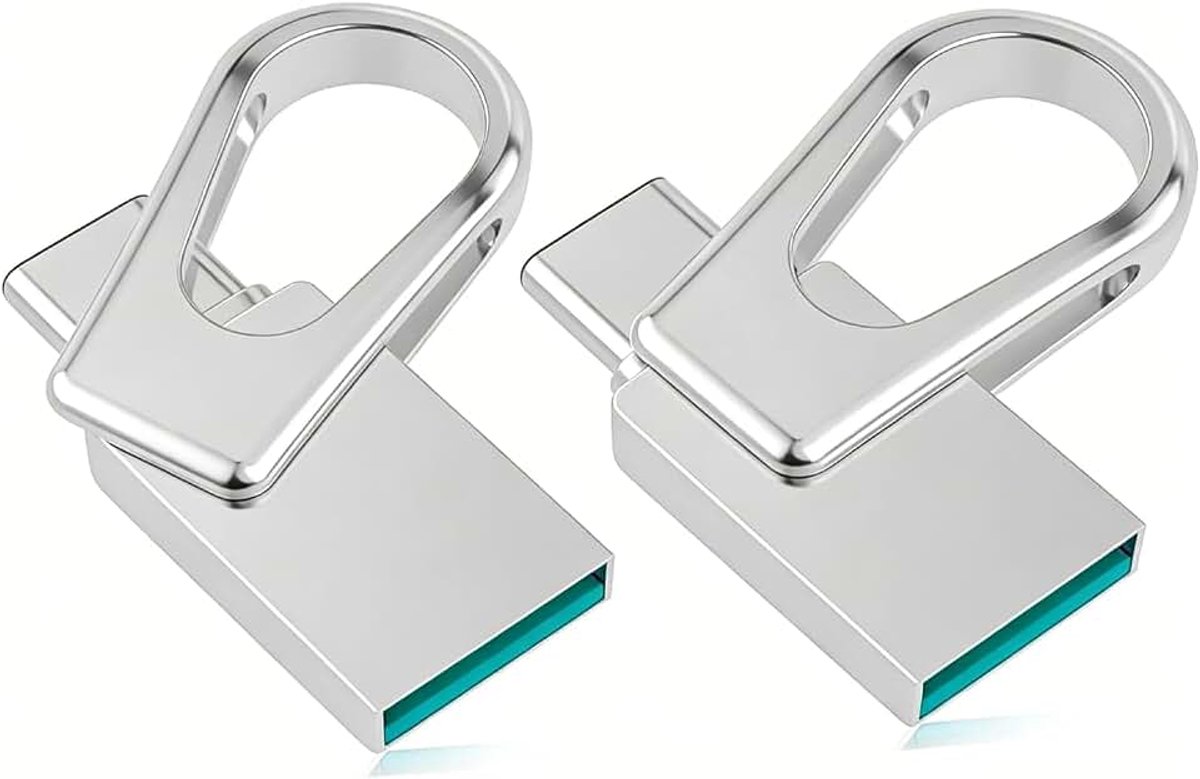 2 stuks USB C-stick 32 GB mini USB stick 3.0 2-in-1 OTG flashdrive dual USB C geheugenstick metaal waterdicht voor iPhone 15 smartphone Android Windows Mac OS, zilver