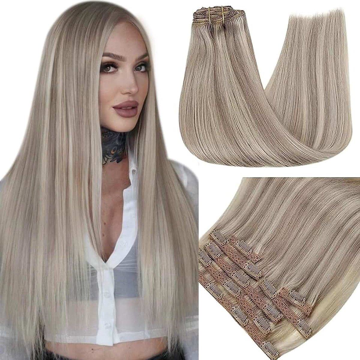 Clip in Menselijk Haar Extensies Donker Blond met Platina Blond Echt Menselijk Haar Clip in Extensions Natuurlijke Extensies Clip in Haarvraag Menselijk Haar 10 Inch/25cm 7pcs/80g