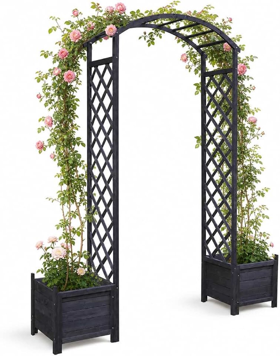 Rozenboog van hout klimhulp halve boog tuinboog in zwart incl. 2 bloembakken