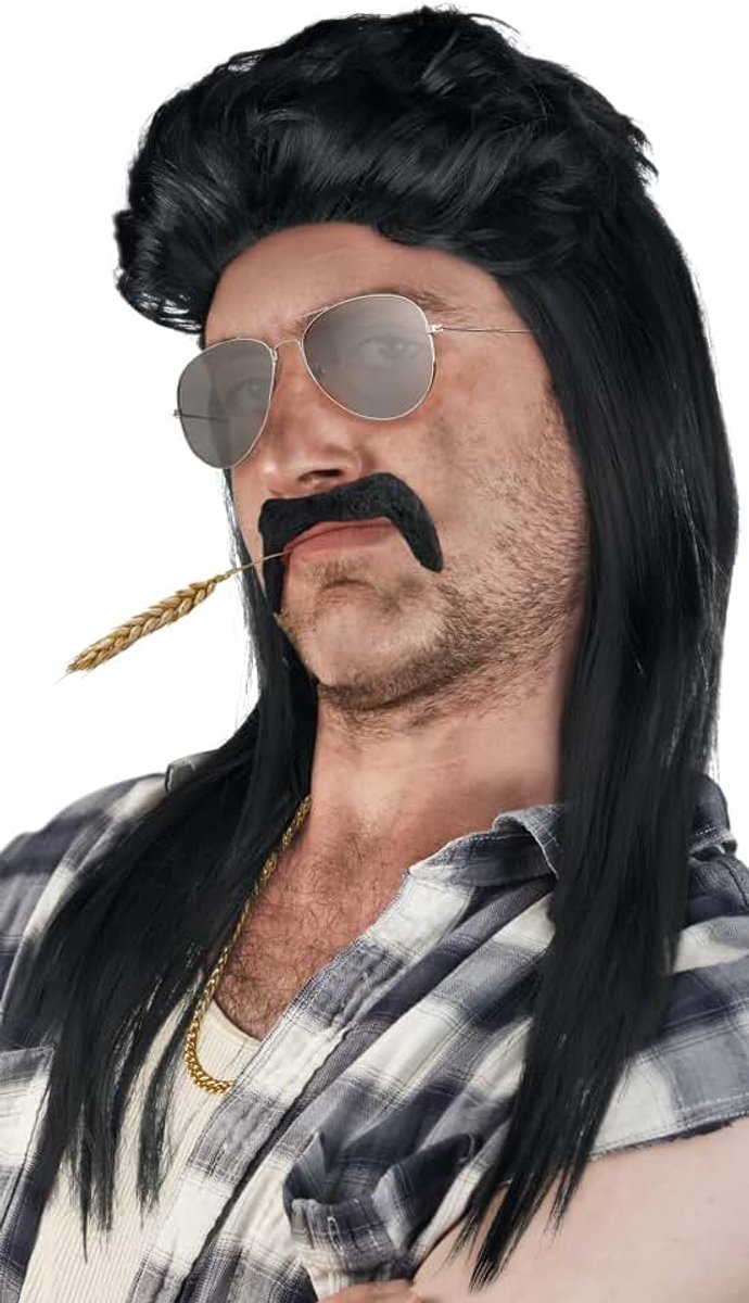 Van: Mullet Pruik + Baard + Gouden Ketting + Aviator Bril Zilver - Mullet Pruik Proll Pimp Blonde Brunette Grijs Zwart 80s 90s (Zwart + Baard + Gouden Ketting + Aviator Bril)