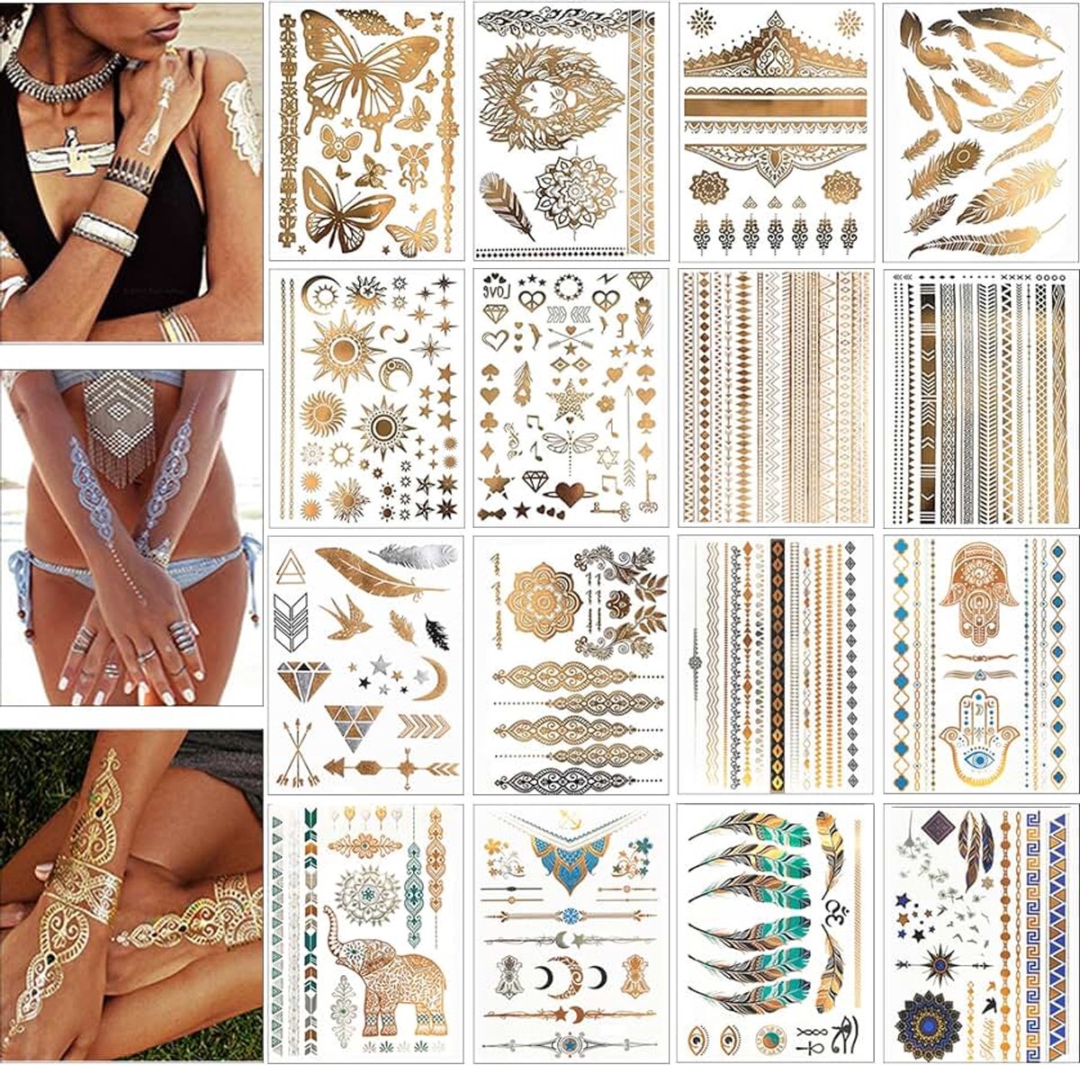 Gouden tatoeages, 16 vellen, 140+ tatoeages, gouden metallic flash, waterdicht, voor carnaval en feestaccessoires (stijl ②)
