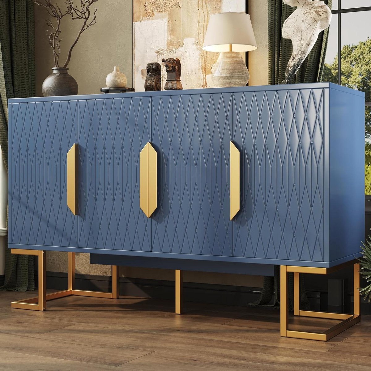 Buffetkast - Keukenkast Dressoir - Opbergen Servies - Gouden Details - 140 x 40 x 80 cm - Blauw