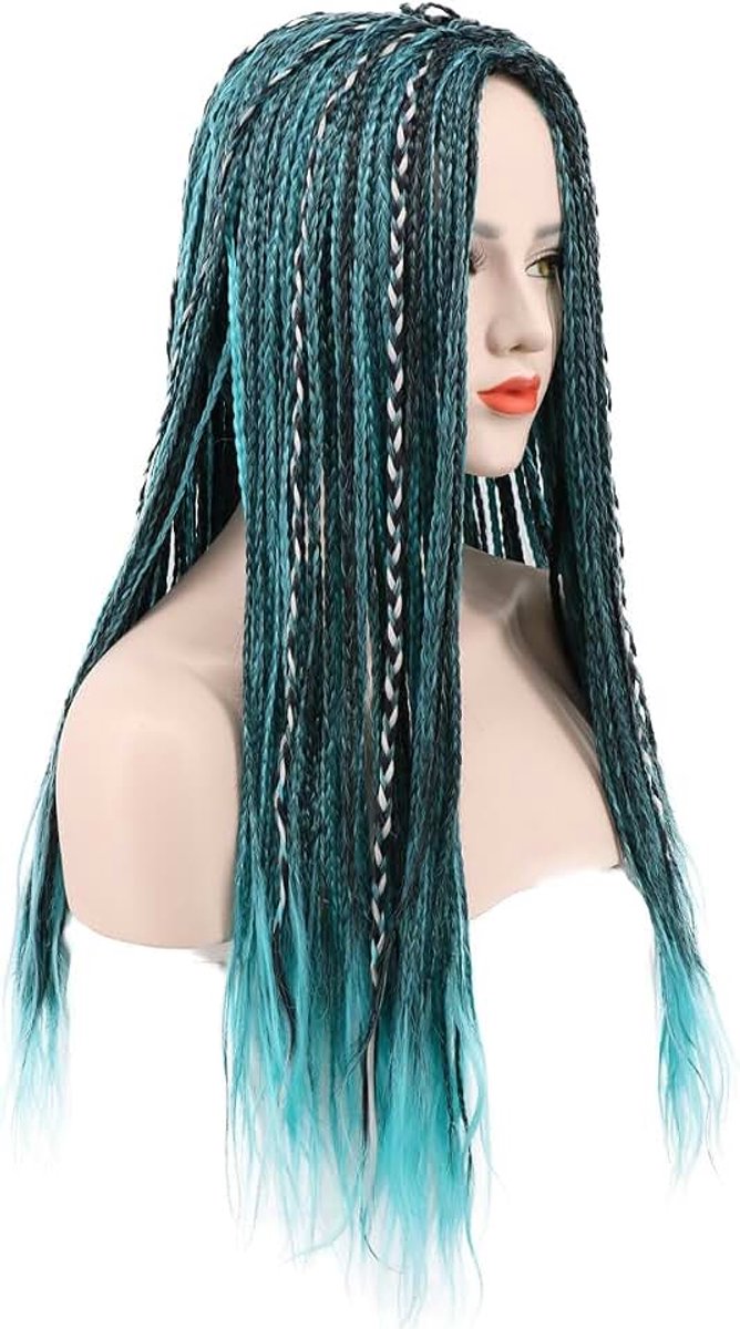 Vrouwen Lange Vlecht Blauw en Zwart Gemengde Pruik Halloween Cosplay Anime Kostuum Party Pruik