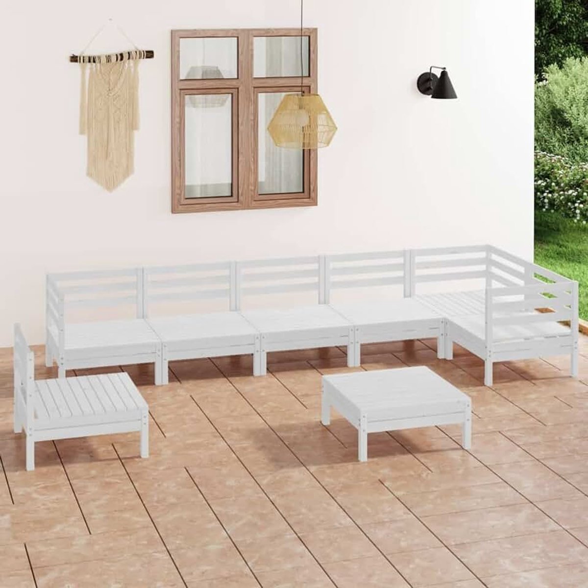 8-delige tuinmeubelset van massief grenenhout, wit, ligstoelen, slaapbank, meubels, tuinstoelen buiten, zwembadligstoel voor buiten
