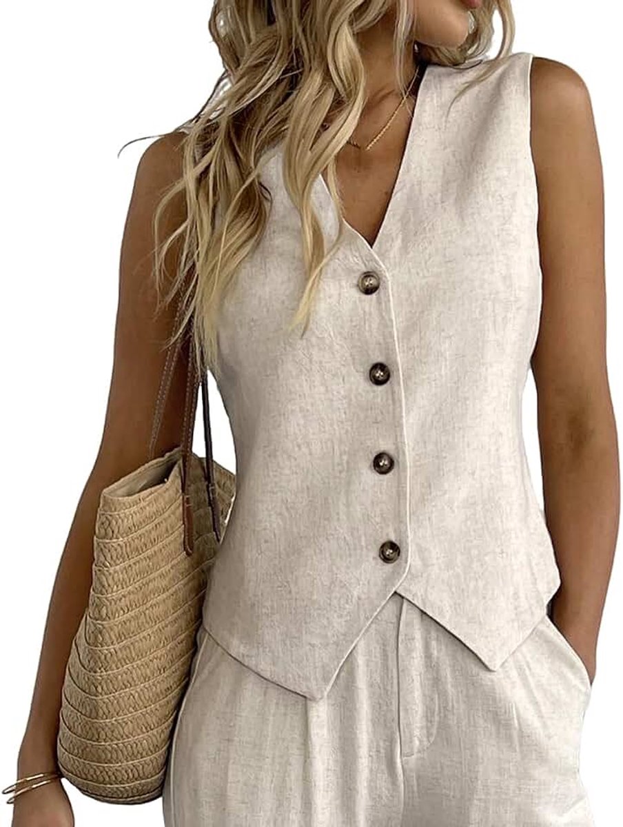 Vest voor dames, V-hals, knoopsluiting, zakelijk, werk, vakantie, mouwloos, blazer, gilet