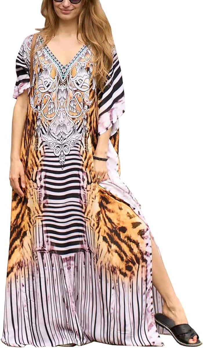 Zomer Bohemian Lange Kaftan Etnische Patroon Maxi Jurk Strand Bikini Cover Ups Sunblock