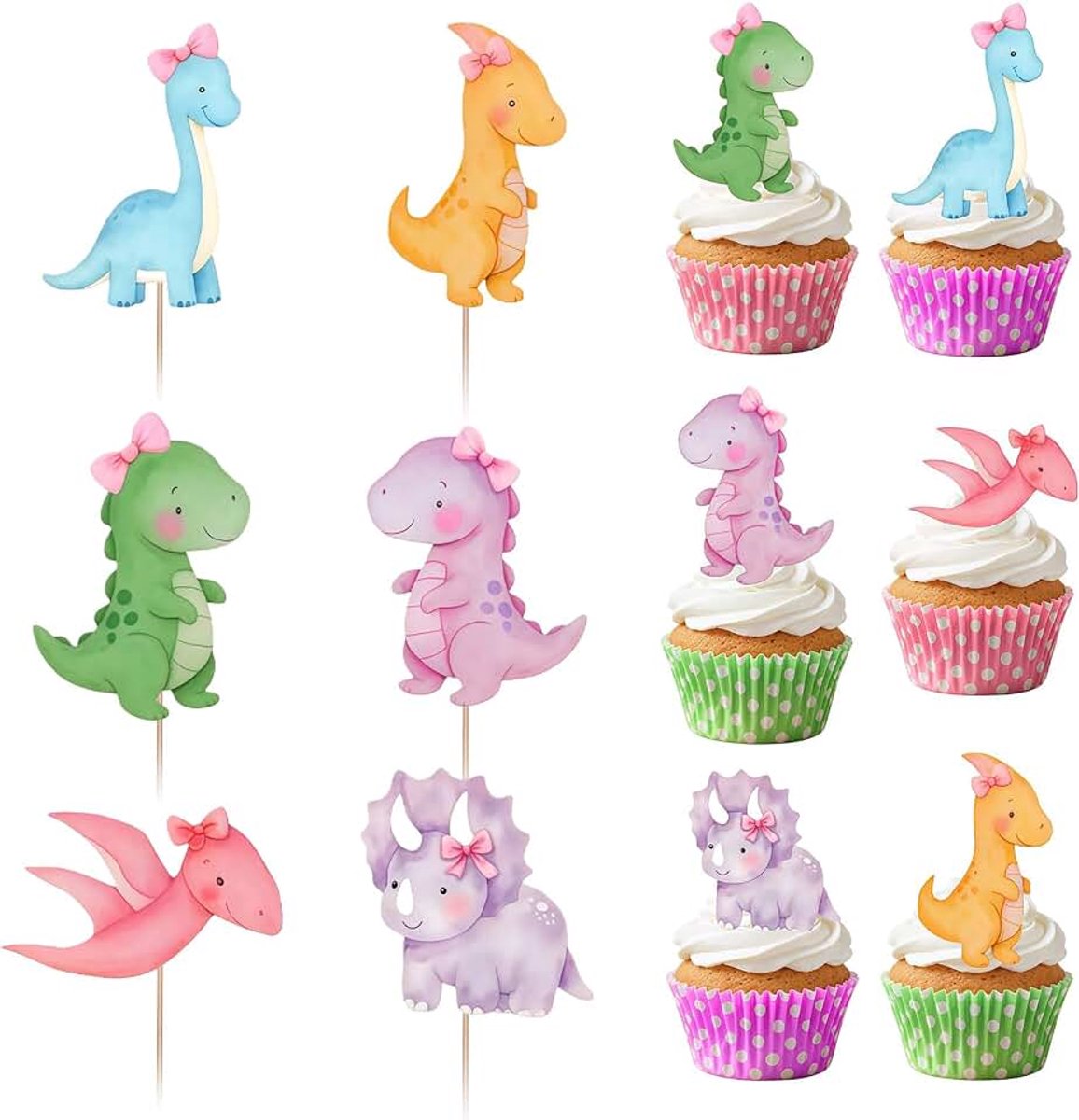 36 stuks roze dinosaurus-muffinversiering – Dino cake topper voor meisjesverjaardag, babyborrel en dinothemafeest met T-Rex-ontwerp, als feestdecoratie en cadeautjes