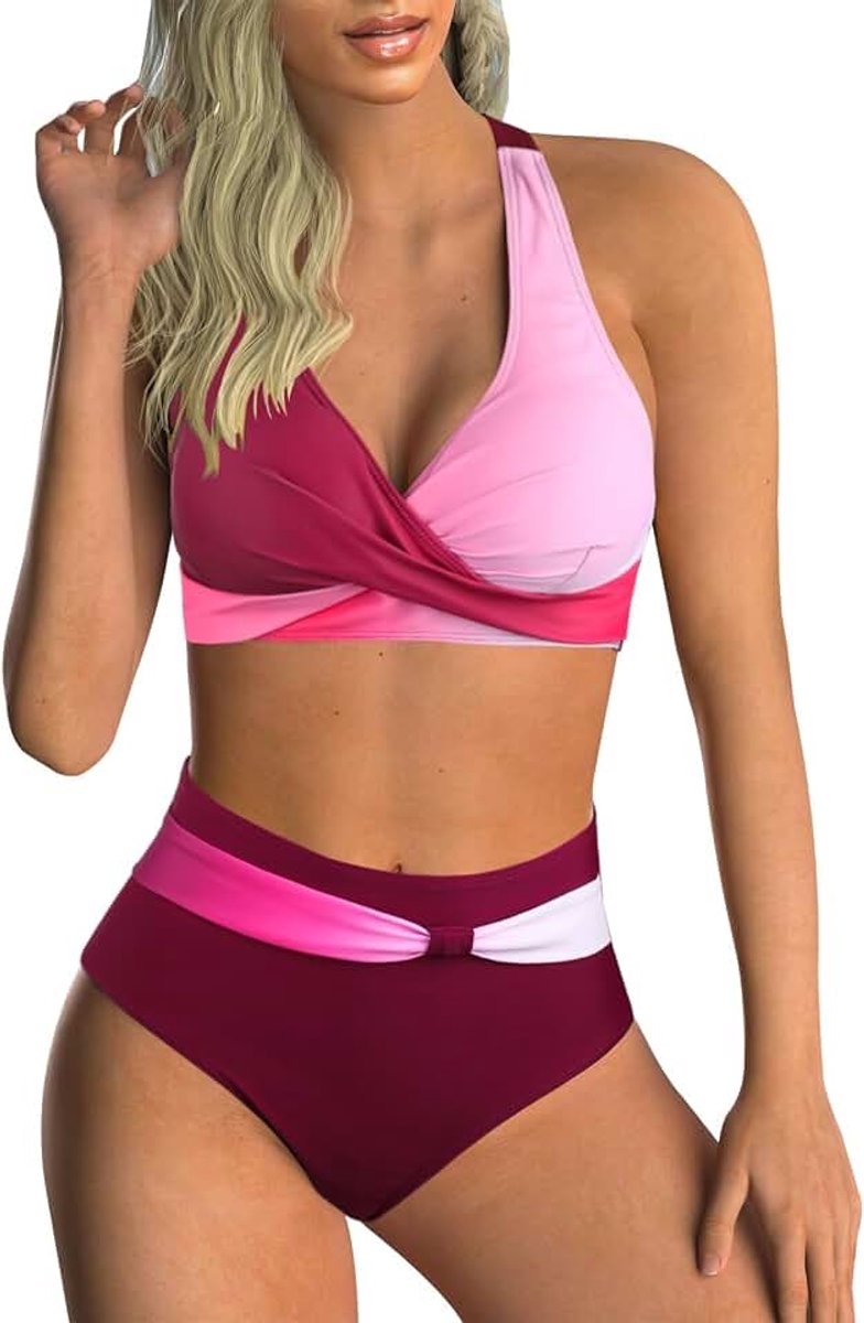 Tweedelige damesbadpakken, bikini met gekruiste top, hoog getailleerde bodem, badpakken voor buikversteviging, badmode met vintage motief