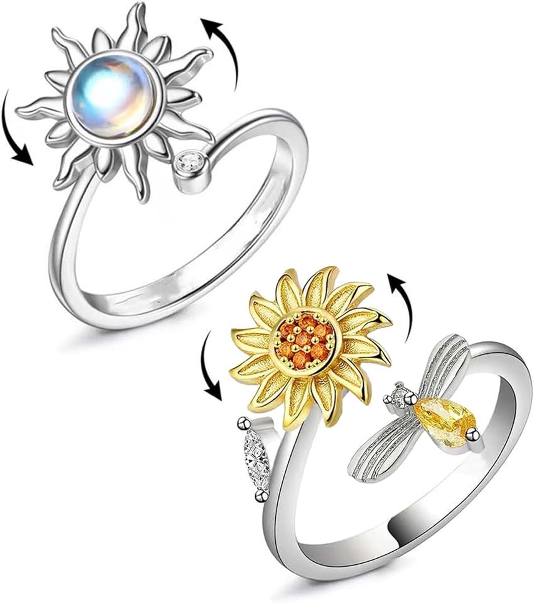Spinner-ring, zilver, voor dames, verstelbaar, anti-stress ringenset, stressring, vingervaardigring, zon, zonnebloem en bij, angst, fidget-ring voor meisjes en heren, adhs