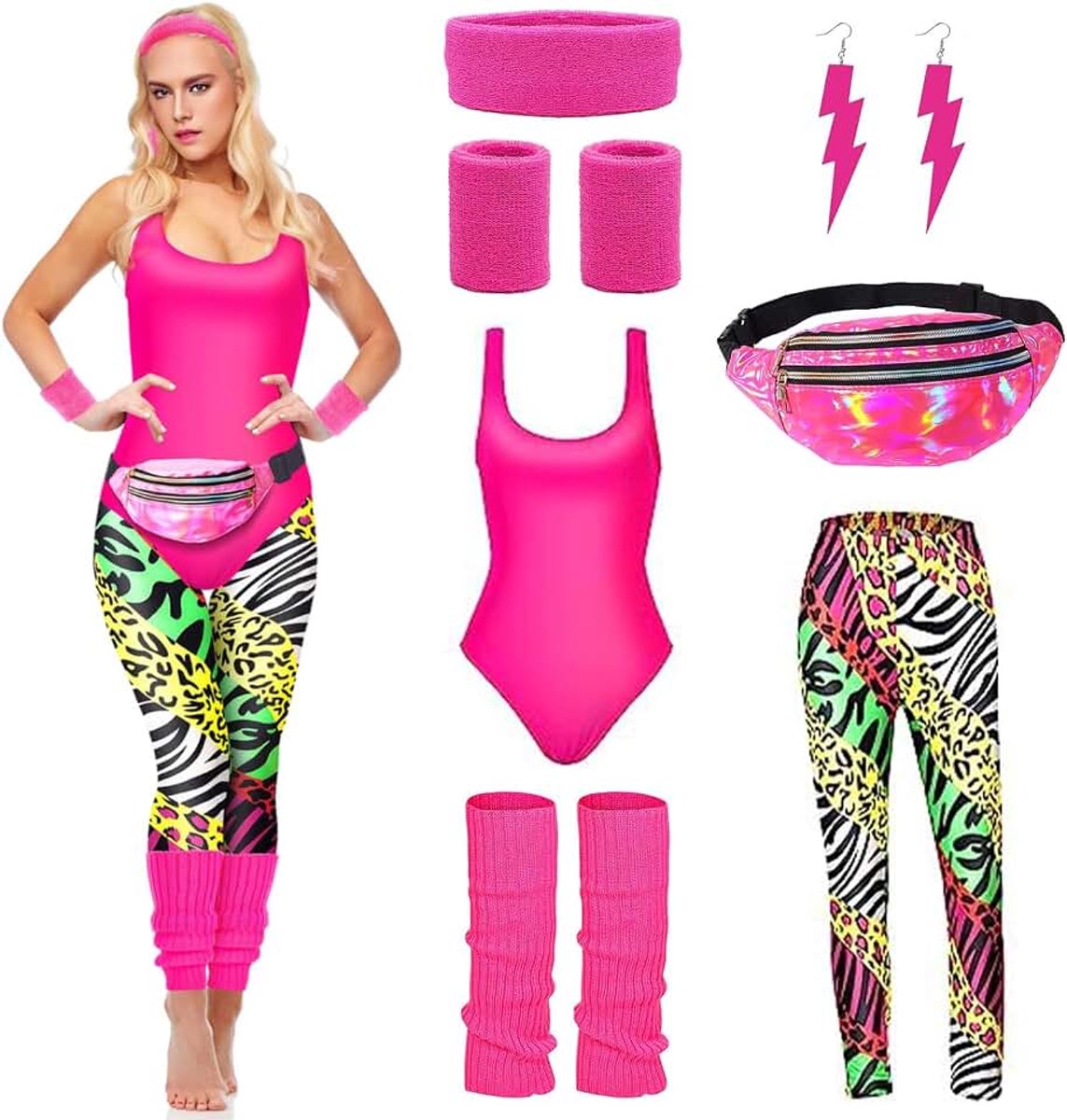 Jaren 80-outfit voor dames, jaren 80 workoutkostuum, jaren 80-accessoires, jaren 90-outfit, met heuptas, hoofdband, beenwarmers, voor carnaval, Halloween, carnaval, themafeest
