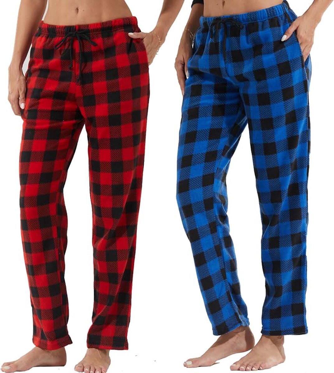 1-2 stuks pyjamabroek voor dames, lange geruite pyjamabroek, winter, fleece, nachtkleding, broek, zachte vrijetijdsbroek, kerstpyjama met zakken