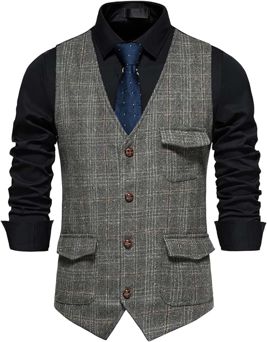 Geruit vest voor heren, formeel mouwloos V-hals, geruite tweedgilet, zakelijk, casual, pak, vest met zak
