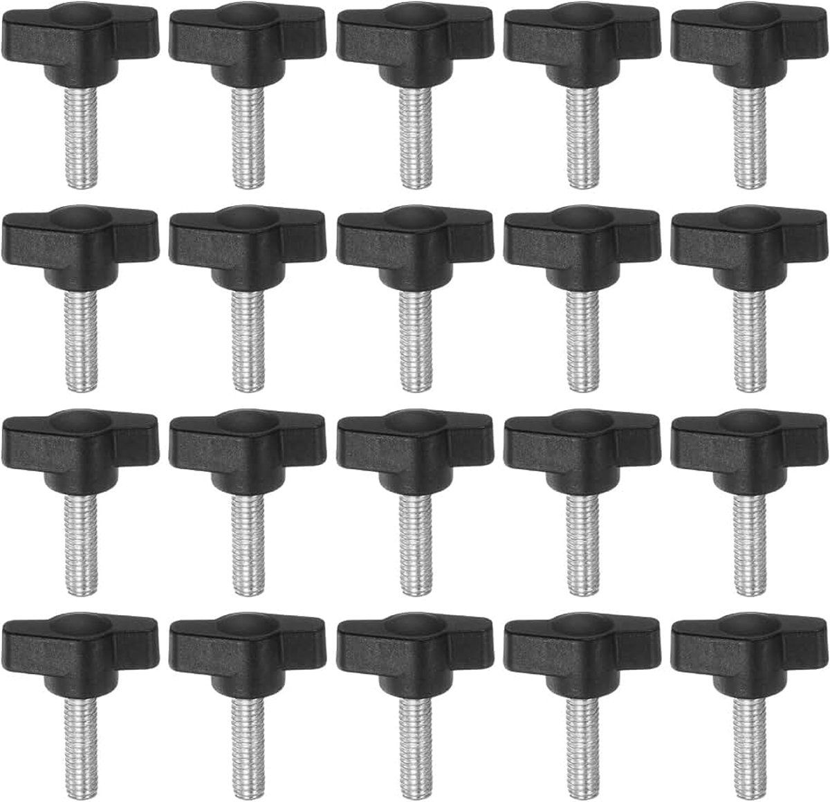 20 stuks T-vleugelknoppen, kartelschroeven, M6 x 20 mm, standaard buitendraad, kunststof T-knoppen, handgrepen, handklemknoppen, grip-kartelschroef, zwart