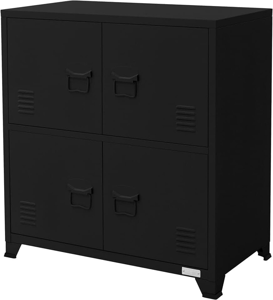 Archiefkast, 75x40x80,5 cm, zwart, staal, vrijstaande kantoorkast 4 poten, metalen locker 4 deuren, 2 binnenvakken, industrieel, opbergkast stalen kast metalen kast opbergkast