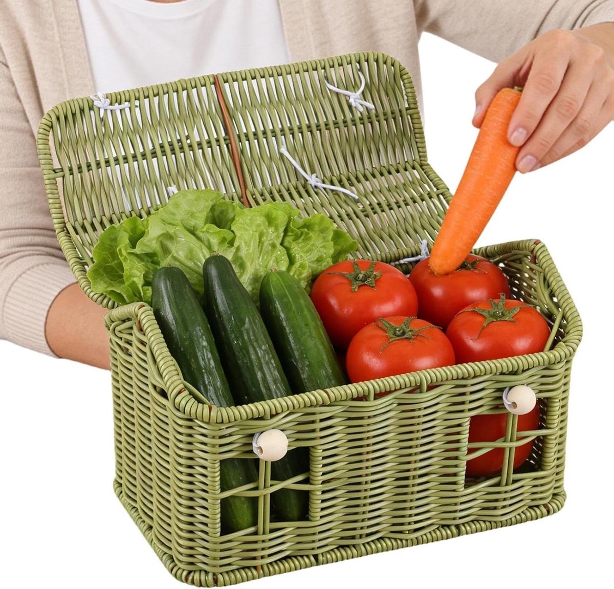 Paasmand Rieten - Picknickmand Opbergmand - Opslag Decoratie - Handgeweven Rotan - 18x15x18 cm - Groen