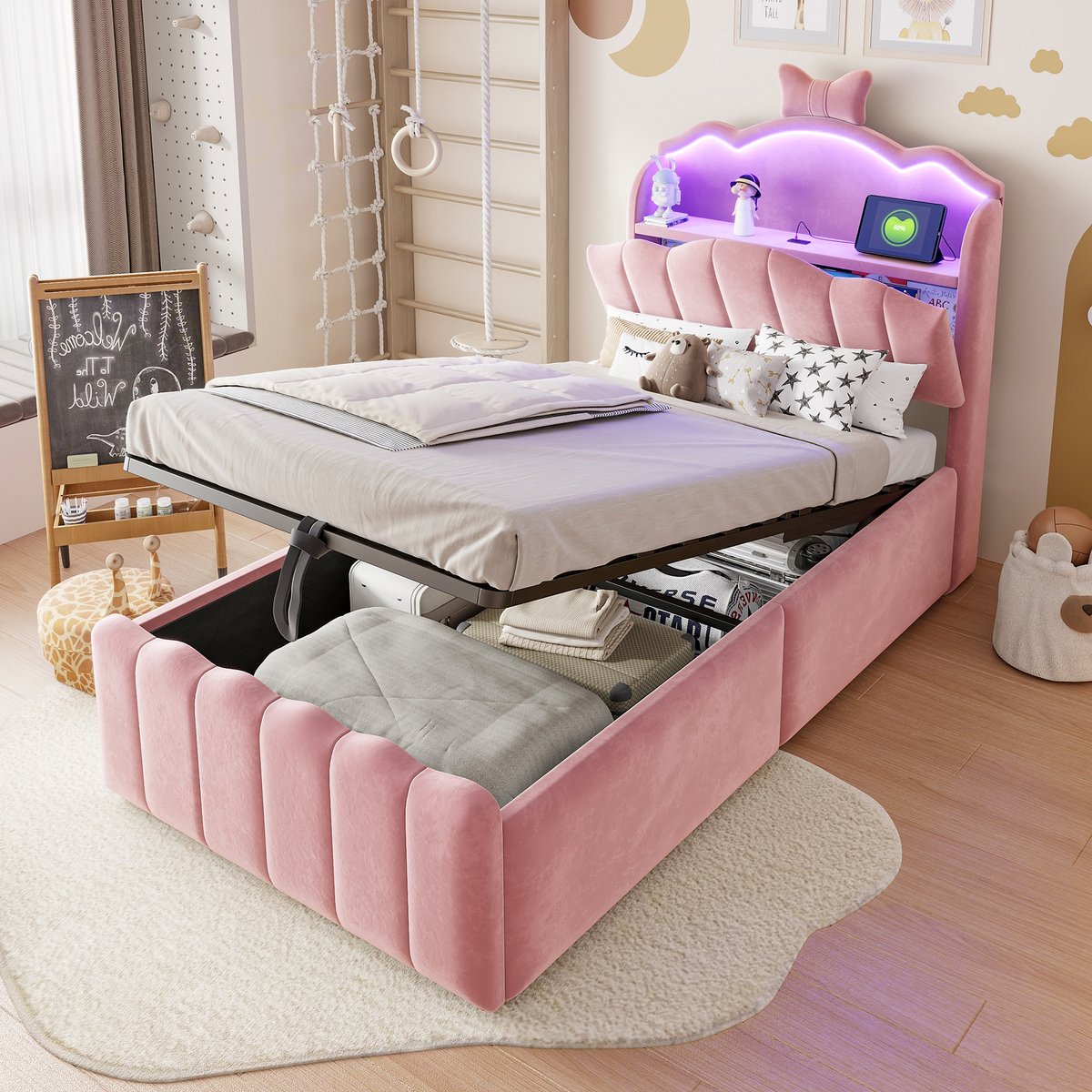 PHOEBE CAT Kinderbed - 90 x 200 cm - Gestoffeerd hoofdeinde - Opbergruimte - LED-verlichting - Oplaadpoort - Fluweel - Roze