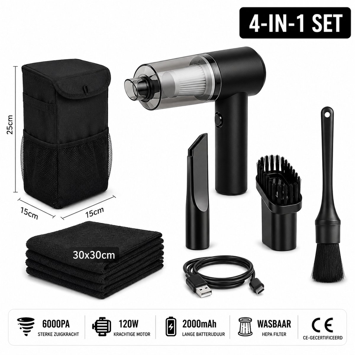 Draadloze Auto Stofzuiger - Handstofzuiger Oplaadbaar - 4-in-1 Reinigingsset - Krachtige Mini Stofzuiger voor Auto, Huis, Bureau & Toetsenbord