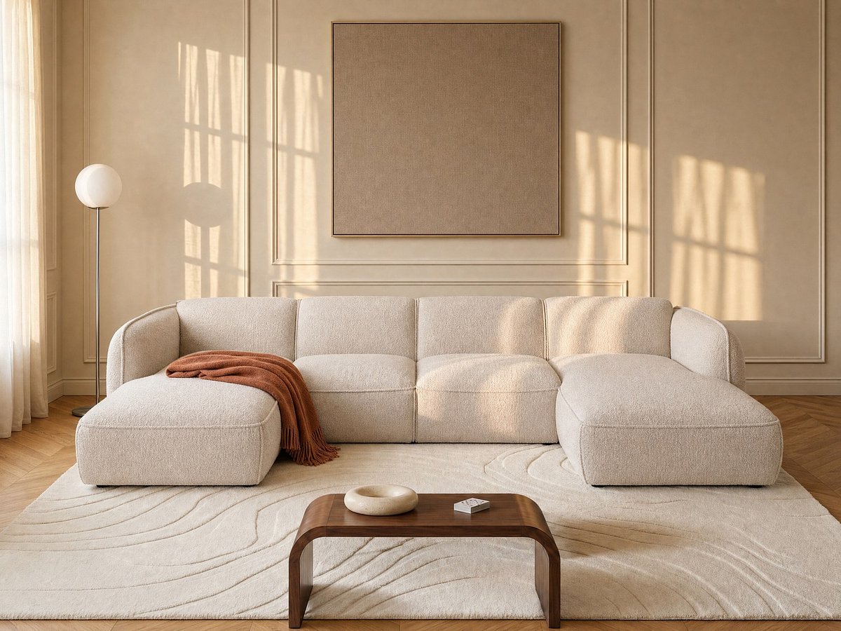 Vente-unique Chaise longue rechts in beige chenillestof van Maison Céphy CAMILIO