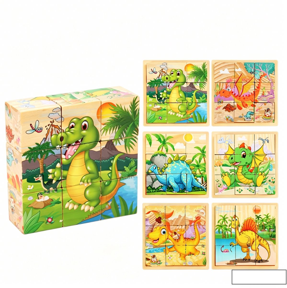Casalora Houten Kubus 3d Puzzel Kind - 6-in-1 Puzzel Dinosaurus met 9 Blokken en Opbergbak - Educatief Speelgoed vanaf 3 Jaar
