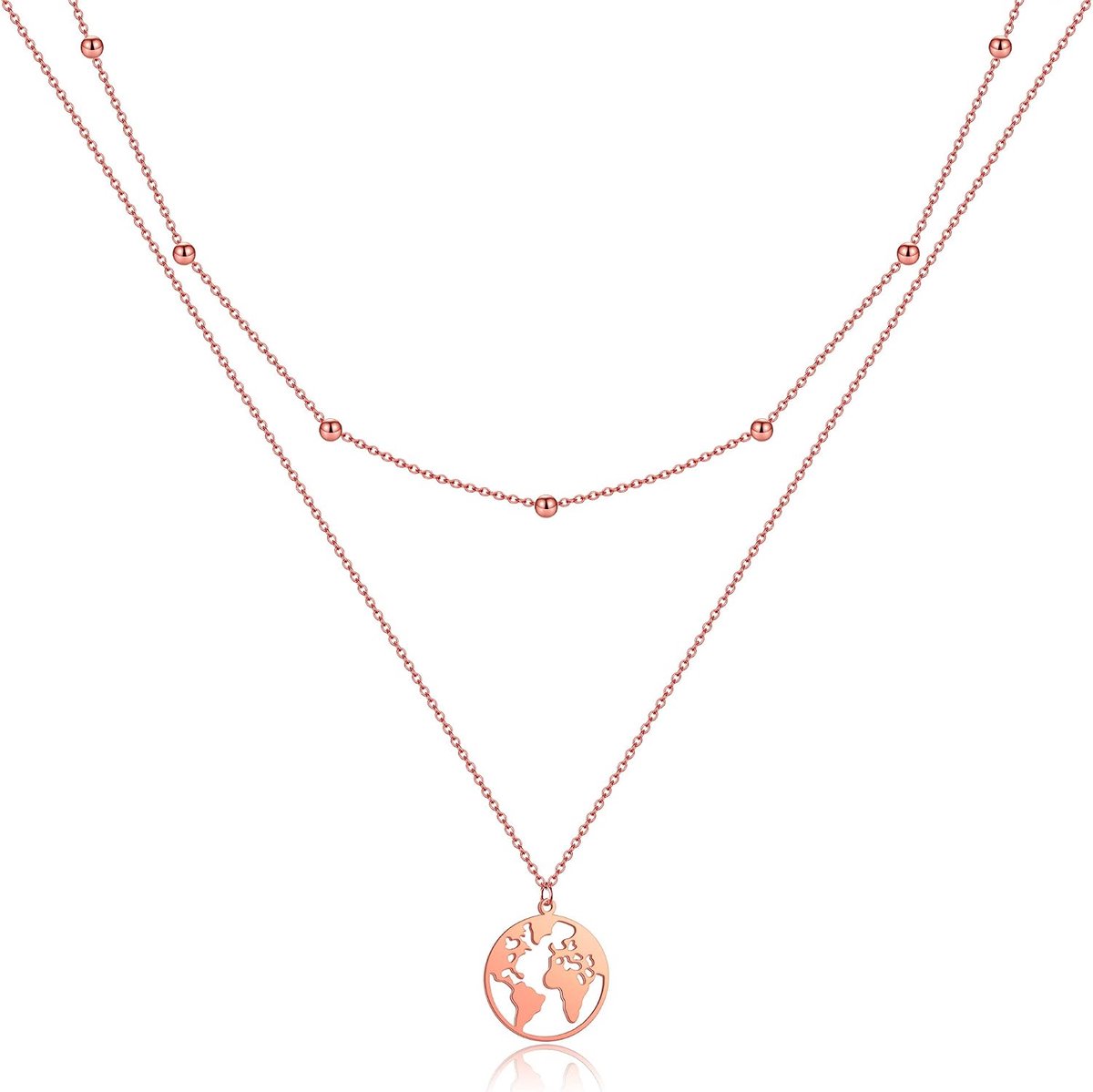 wereldketting dames wereldhanger halsketting vrouwen dubbele ketting wereldbol meerlaagse ketting met 5 munten / parels, Korn, Roestvrij staal, Parel