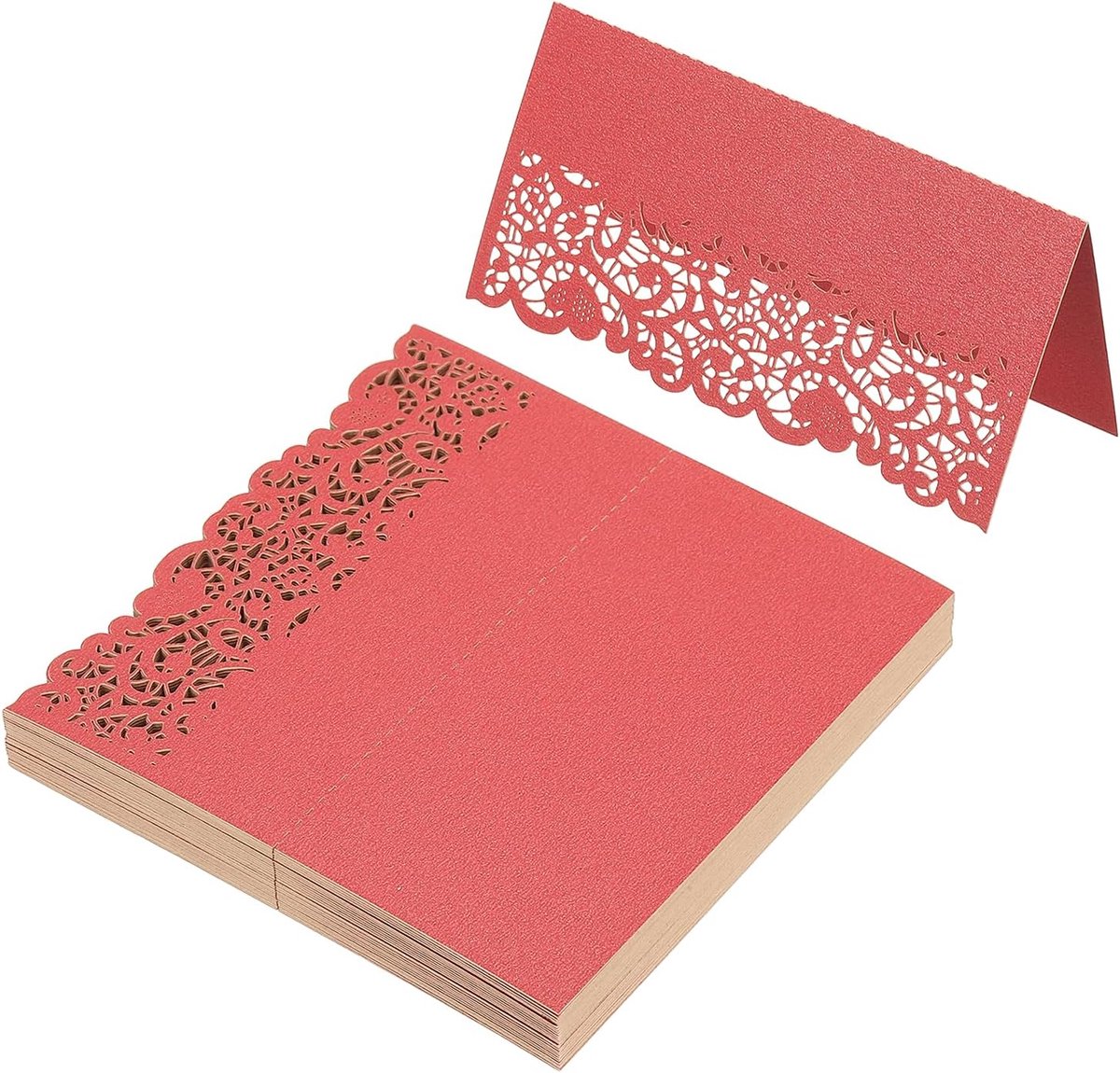 50 stuks bruiloft plaats kaarten, laser gesneden kant tafel plaats kaart gevouwen tent kaart naam kaarten voor tafel bruiloft setting buffet receptie, parel rood