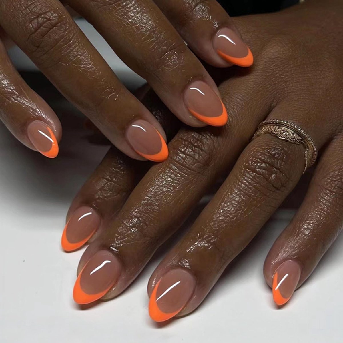 24 stuks amandelnagels om op te plakken, oranje, Franse kunstnagels, kort, press-on nagels, met nagellijm, ballerina, natuurlijke valse nagels, om op te plakken, voor vrouwen en meisjes
