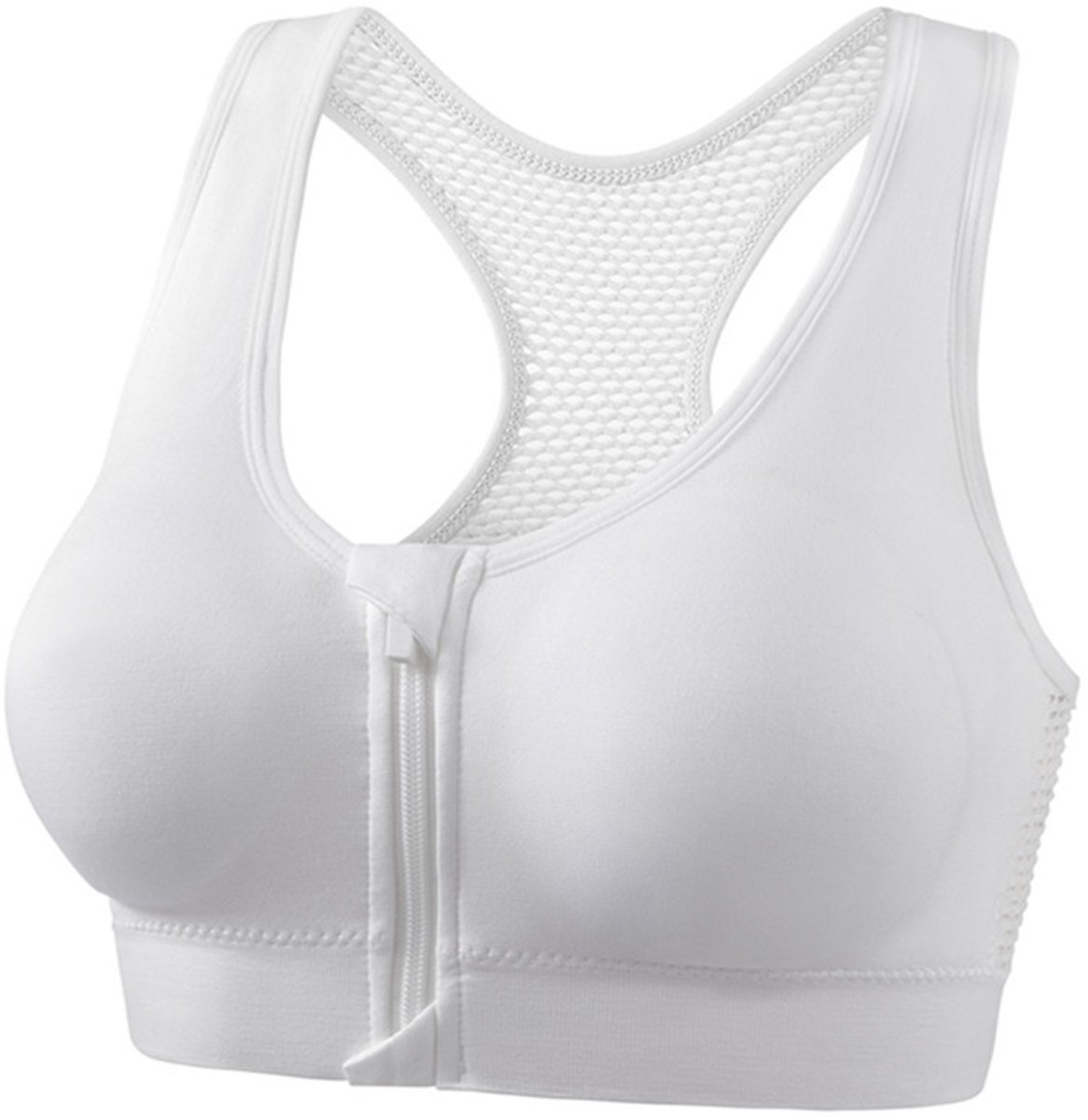 1 Stuks Sportbeha met voorsluiting - Sport BH Dames met Ritssluiting aan de Voorzijde - Sport BH met Rits - High Impact Sportbeha met Rits - Fitness BH - Beha zonder beugel - Push-up & Ademend - Ondergoed dames - Bra - wit, M